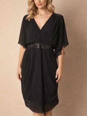 NEW Size 16 City Chic Black Sequin 1970s Styled Disco Flutter Sleeve Wrap Dress